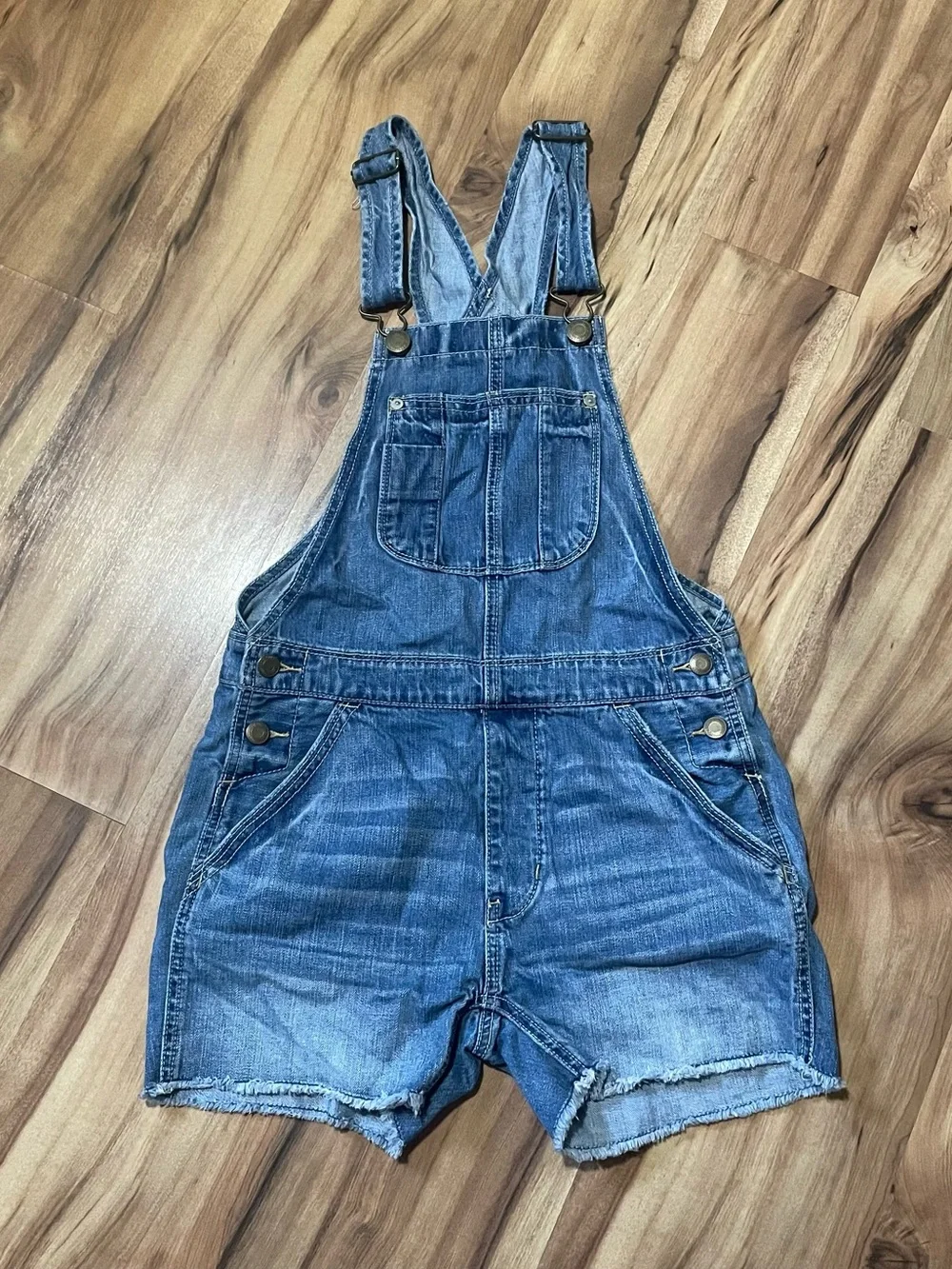 Y2K American Eagle Short Denim Overalls Blue Frayed Hem Size XXS